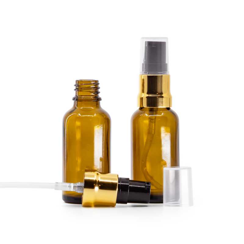 Skleněná lahvička, lékovka, hnědá, černo-zlatý dávkovač, průhledný vrch, 30 ml