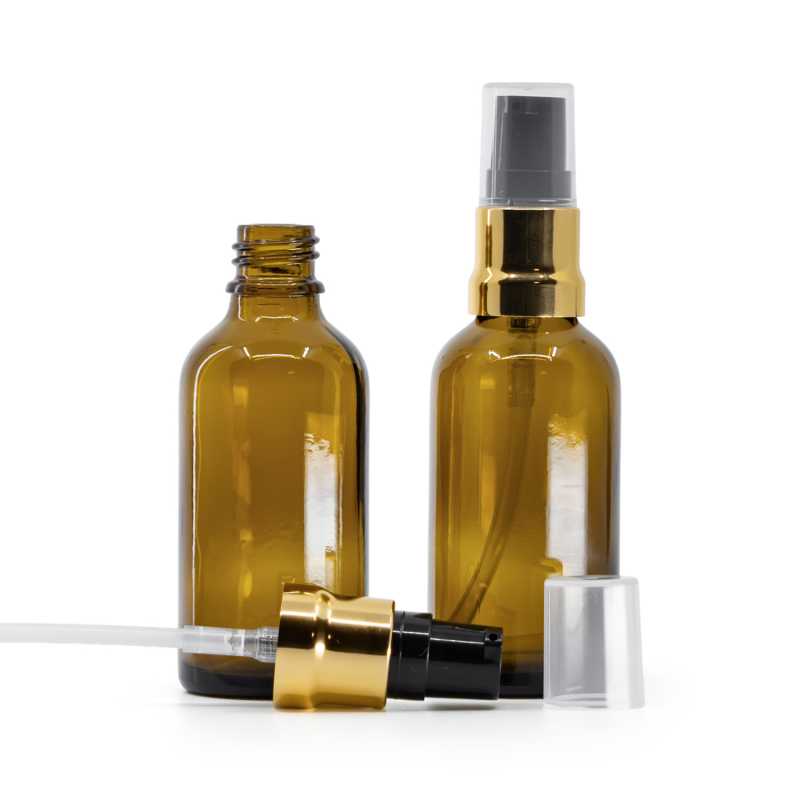 Skleněná lahvička, lékovka, hnědá, černo-zlatý dávkovač, průhledný vrch, 50 ml