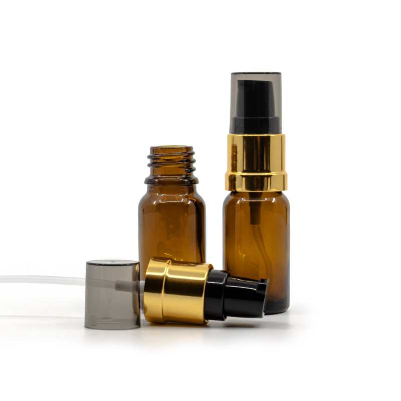 Skleněná lahvička, lékovka, hnědá, černo-zlatý lesklý dávkovač, 10 ml