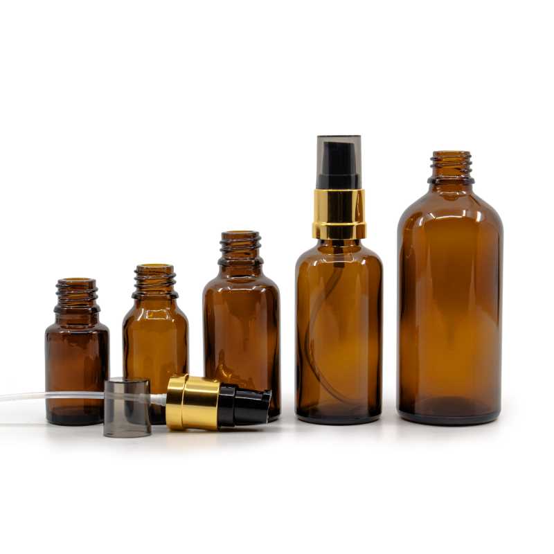 Skleněná lahvička, lékovka, hnědá, černo-zlatý lesklý dávkovač, 15 ml