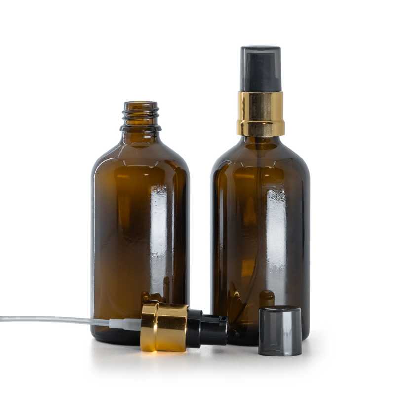 Skleněná lahvička, lékovka hnědá, černo-zlatý lesklý dávkovač s dýmovým krytem, 100 ml