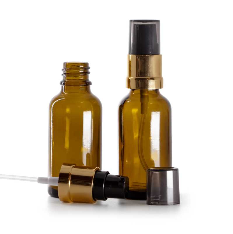 Skleněná lékovka hnědá, černo-zlatý lesklý dávkovač s dýmovým krytem, 30 ml