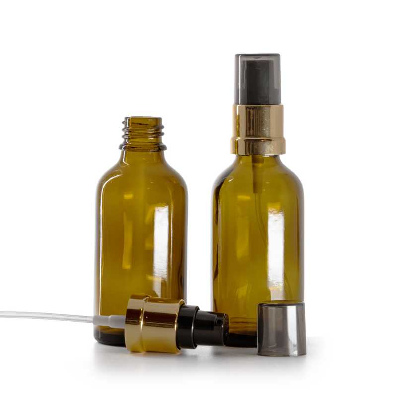 Skleněná lahvička, lékovka hnědá, černo-zlatá lesklá pumpička s dýmovým krytem, 50 ml