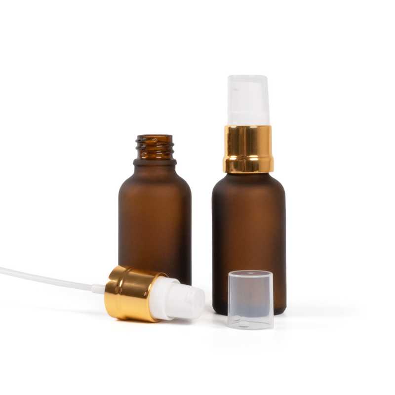 Skleněná lahvička, lékovka, matná hnědá, bílo-zlatý lesklý dávkovač, 30 ml