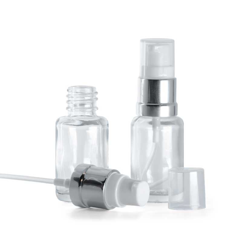 Skleněná lahvička, lékovka, bílo-stříbrný lesklý dávkovač, 12 ml