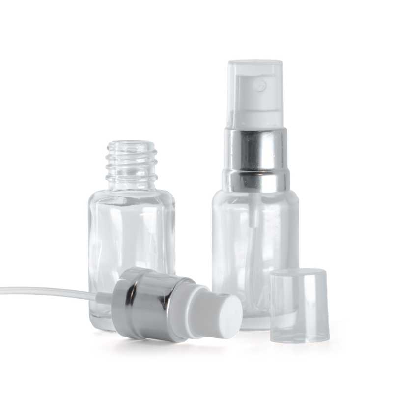 Skleněná lahvička, lékovka, průhledná, oblá, bílo-stříbrný sprej, 12 ml