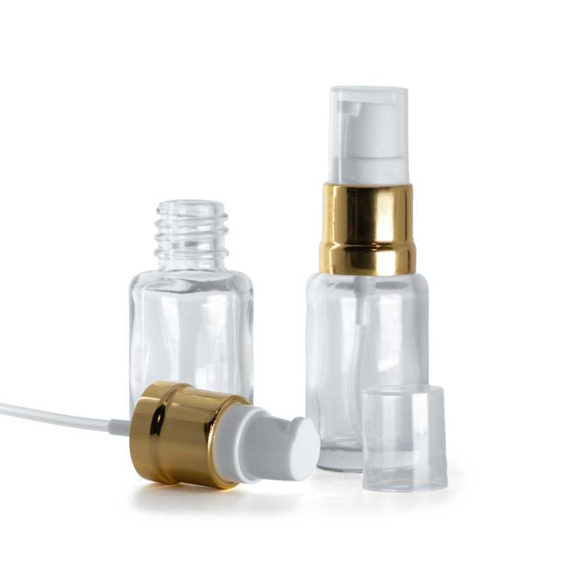 Skleněná lahvička, lékovka, bílo-zlatý lesklý dávkovač, 12 ml