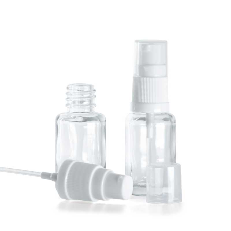 Skleněná lahvička, lékovka, průhledná, oblá, bílý dávkovač, 12 ml