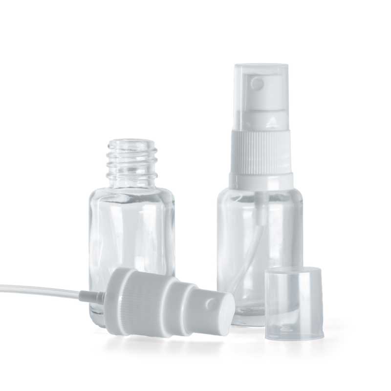 Skleněná lahvička, lékovka, průhledná, oblá, bílý sprej, 12 ml