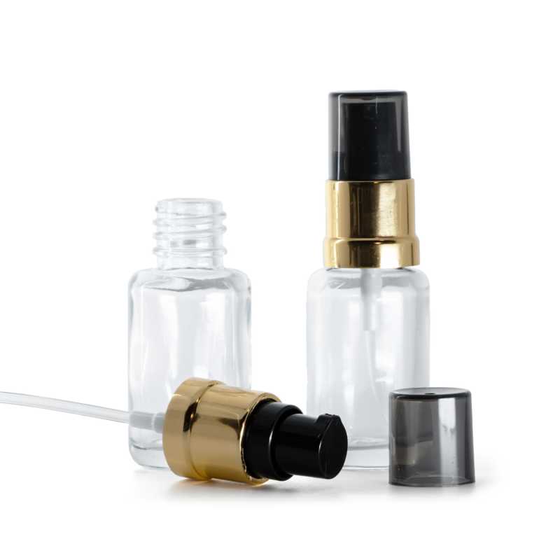 Skleněná lahvička, lékovka, průhledná, kulatá, černo-zlatá lesklá pumpička s dýmovým krytem, 12 ml