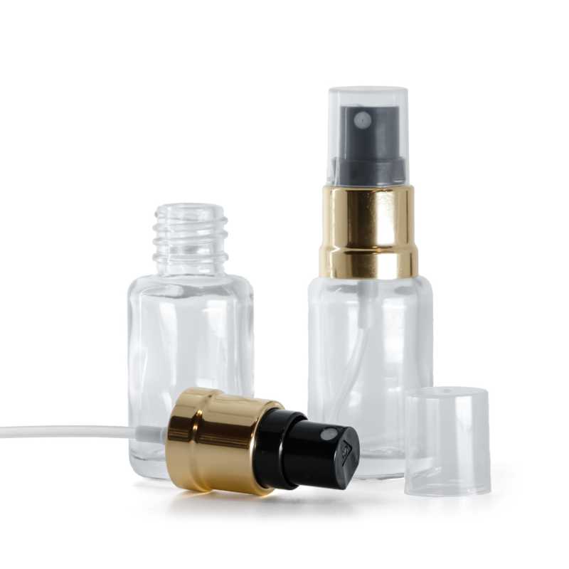 Skleněná lahvička, lékovka, průhledná, oblá, černo-zlatý sprej, 12 ml