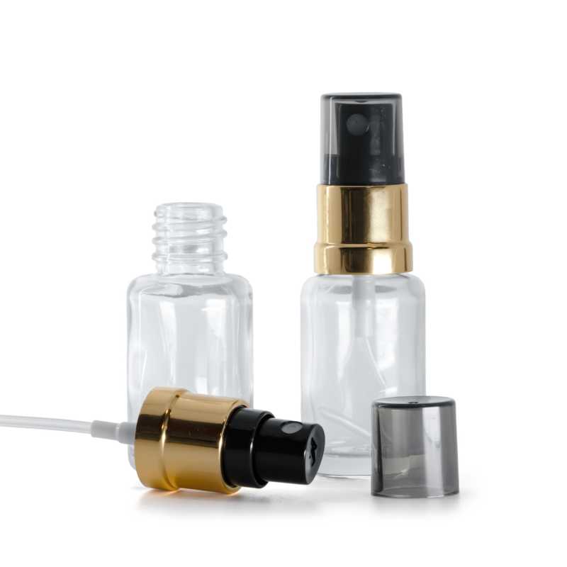 Skleněná lahvička, lékovka, průhledná, oblá, černo-zlatý sprej, kouřový vršek, 12 ml