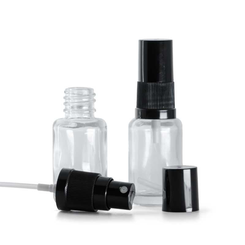 Skleněná lahvička, lékovka, průhledná, oblá, černý rozprašovač, černý vršek, 12 ml
