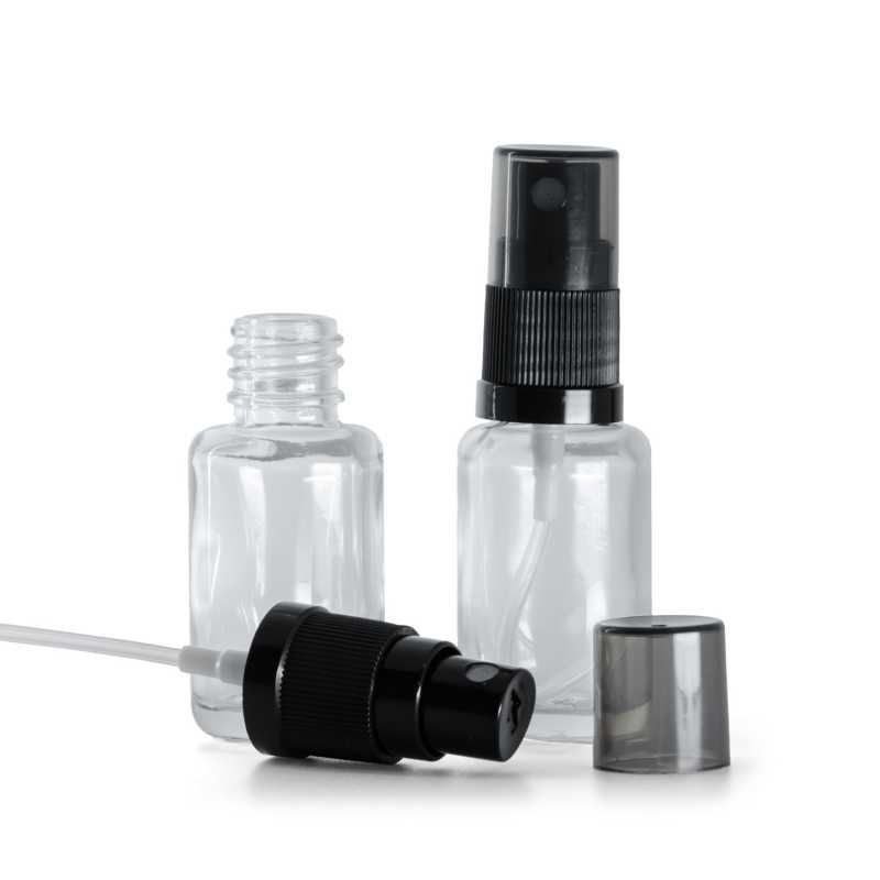 Průhledná skleněná lahvička kulatá s černým rozprašovačem a smoky víčkem 12 ml