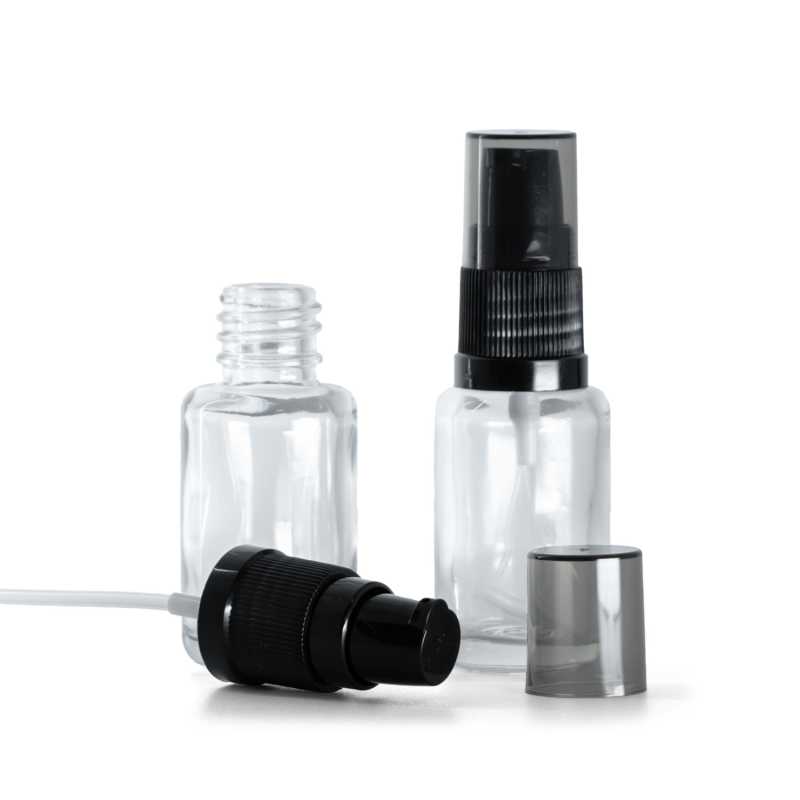 Skleněná lahvička, lékovka, průhledná, oblá, dávkovač krémů s dýmovým krytem, 12 ml