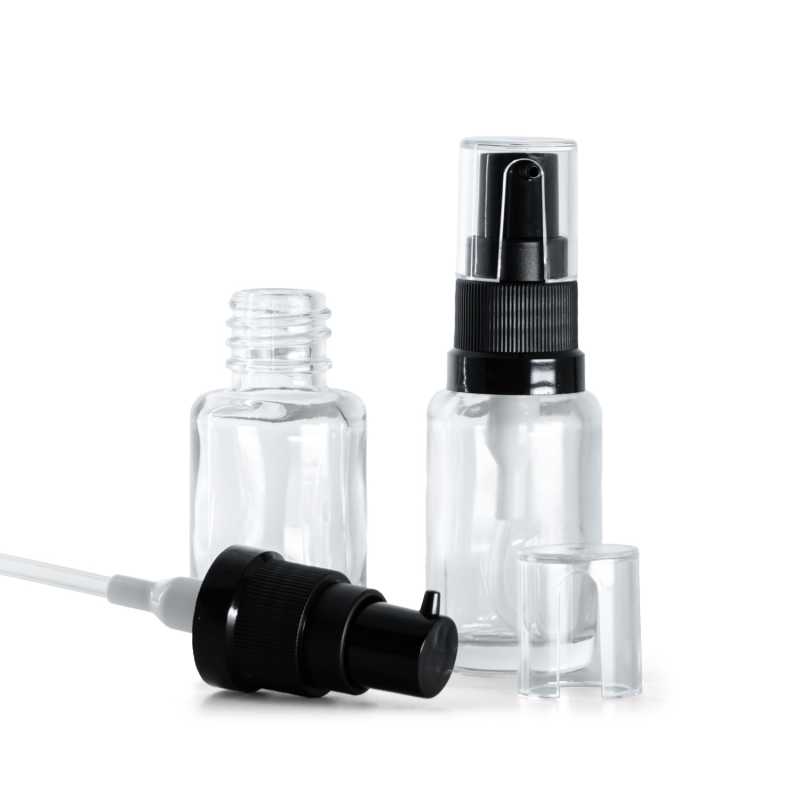 Skleněná lahvička, lékovka, průhledná, oblá, dávkovač olejů, 12 ml