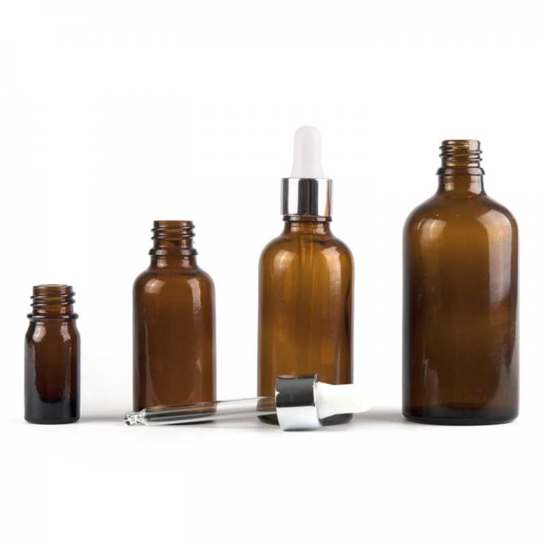 Skleněná lahvička, lahvička, stříbrné lesklé kapátko, 15 ml