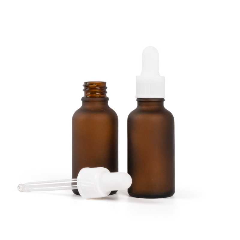 Skleněná lahvička, lékovka, matná hnědá, bílé matné kapátko, 30 ml