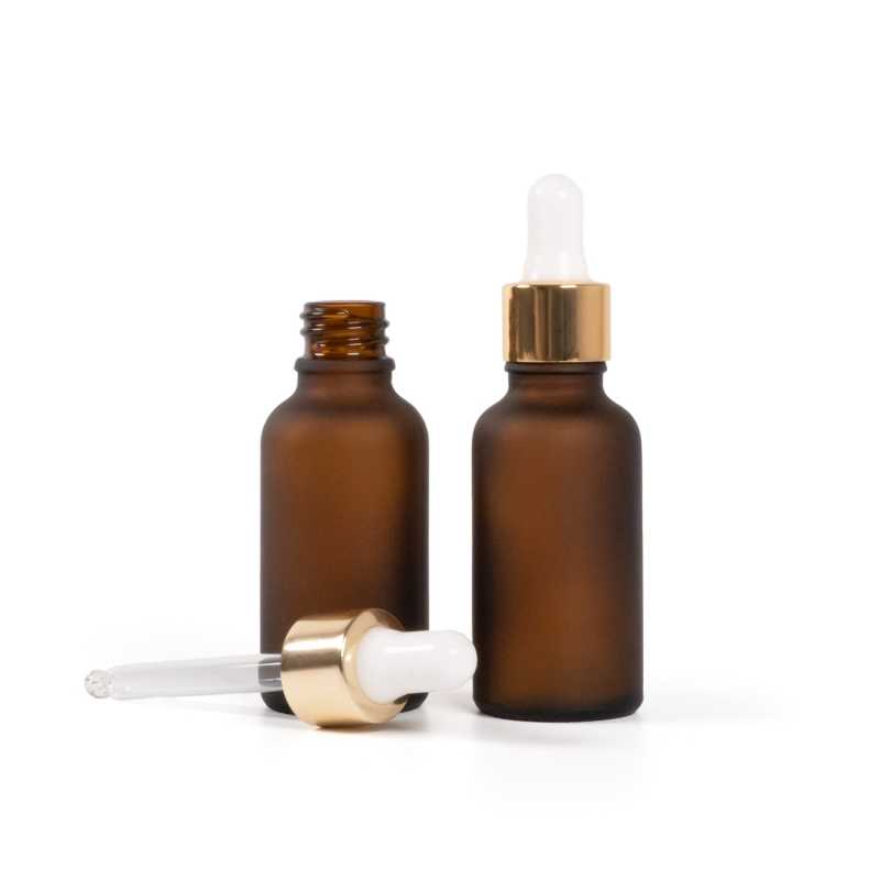 Skleněná lahvička, lékovka, matná hnědá, bílé zlaté kapátko, 30 ml