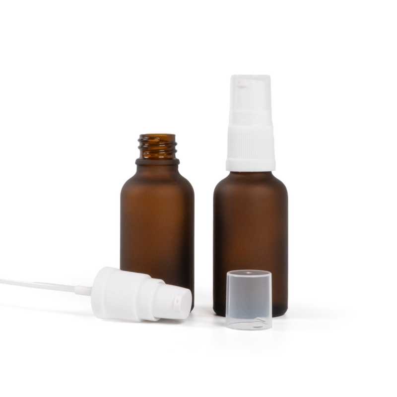 Skleněná lahvička, lékovka, matná hnědá, bílý dávkovač, 30 ml