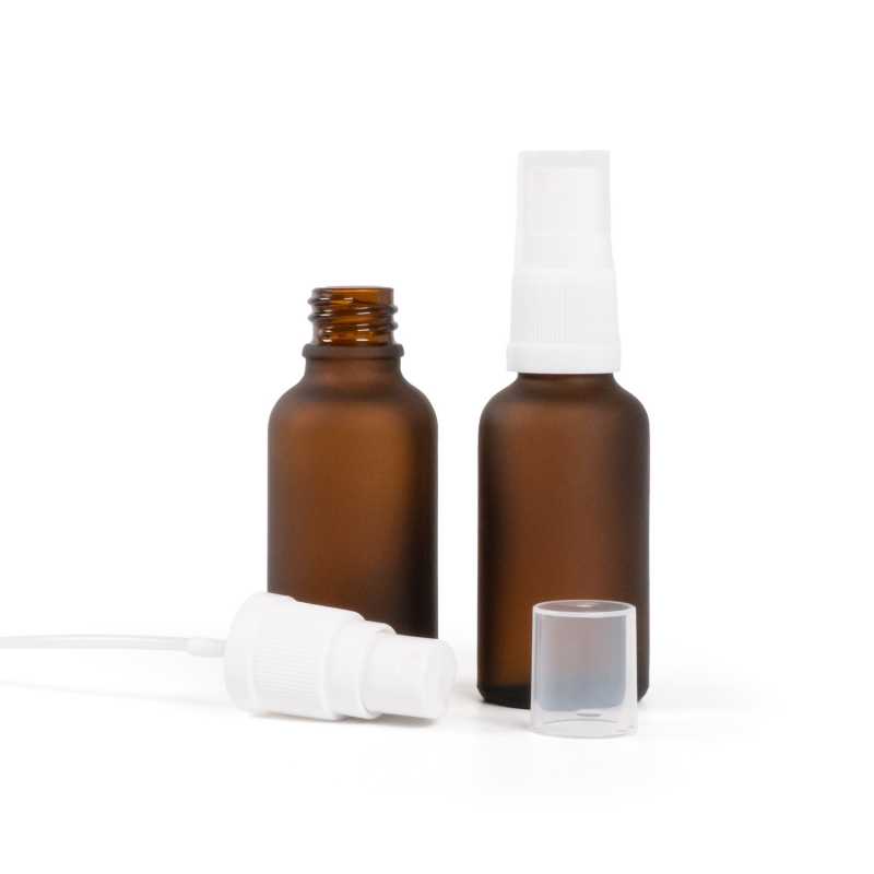Skleněná lahvička, lékovka, matná hnědá, bílý rozprašovač, 30 ml