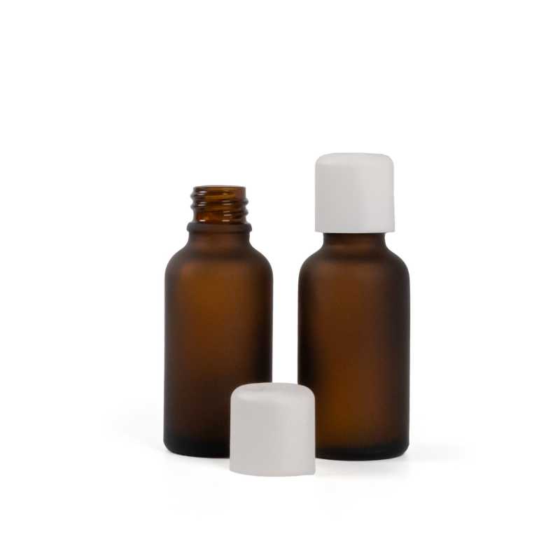 Skleněná lahvička, matná lahvička, bílý uzávěr s bezpečnostním uzávěrem, 30 ml