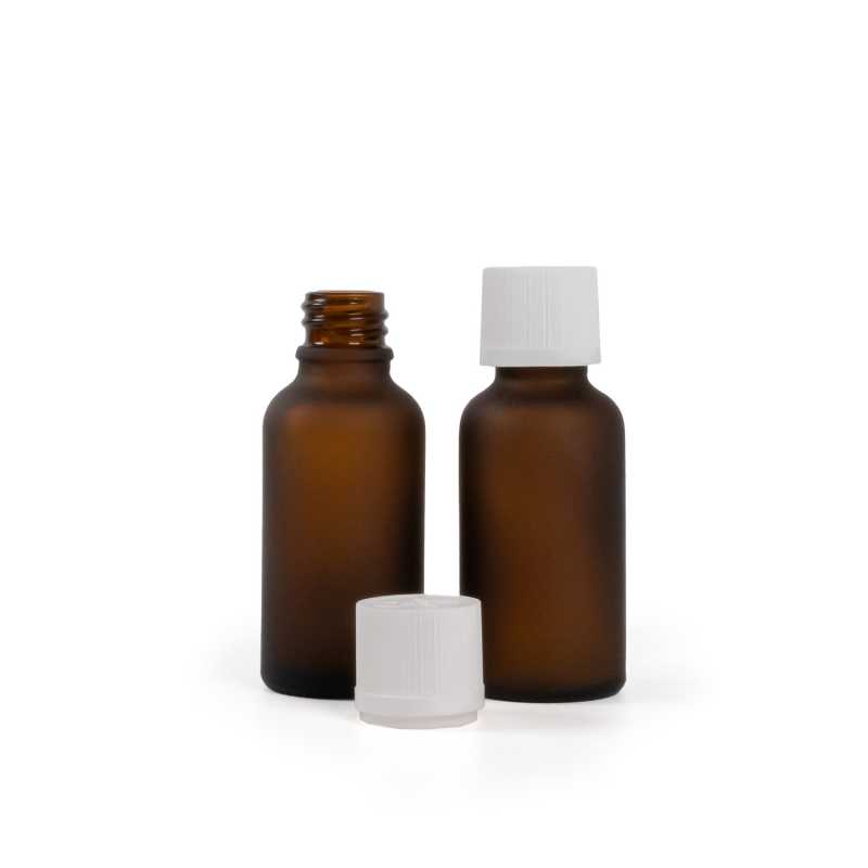 Skleněná lahvička, matná lahvička, bílý vroubkovaný uzávěr se zámkem, 30 ml