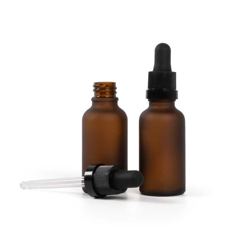 Skleněná lahvička, lékovka, matná hnědá, černé kapátko s lesklým proužkem, 30 ml