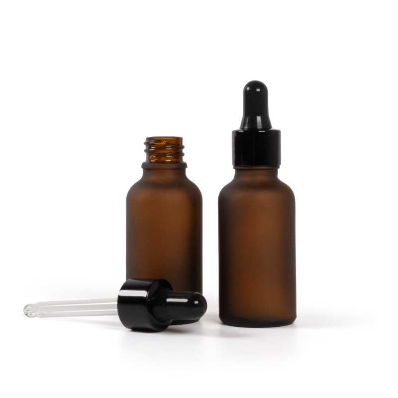 Skleněná lahvička, lékovka, matná hnědá, černé lesklé kapátko, 30 ml