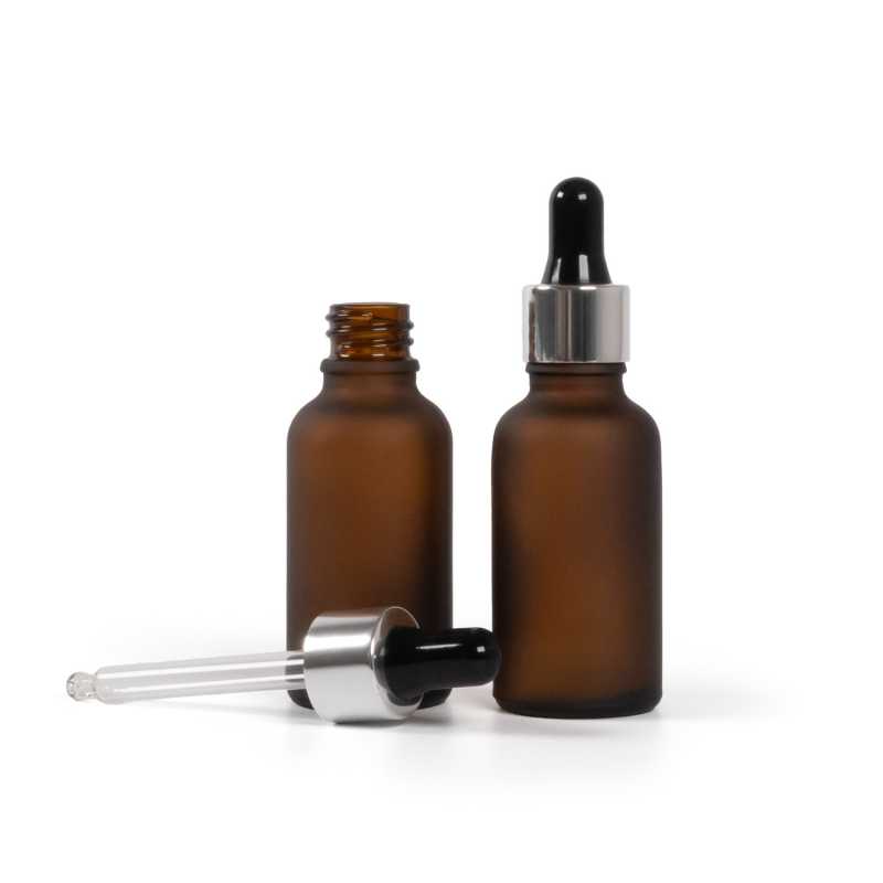 Skleněná lahvička, lékovka, matná hnědá, černo-stříbrné kapátko, 30 ml