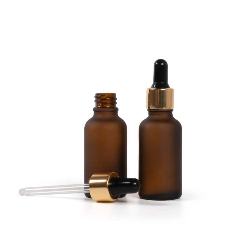 Skleněná lahvička, lékovka, matná hnědá, čern-zlaté kapátko, 30 ml