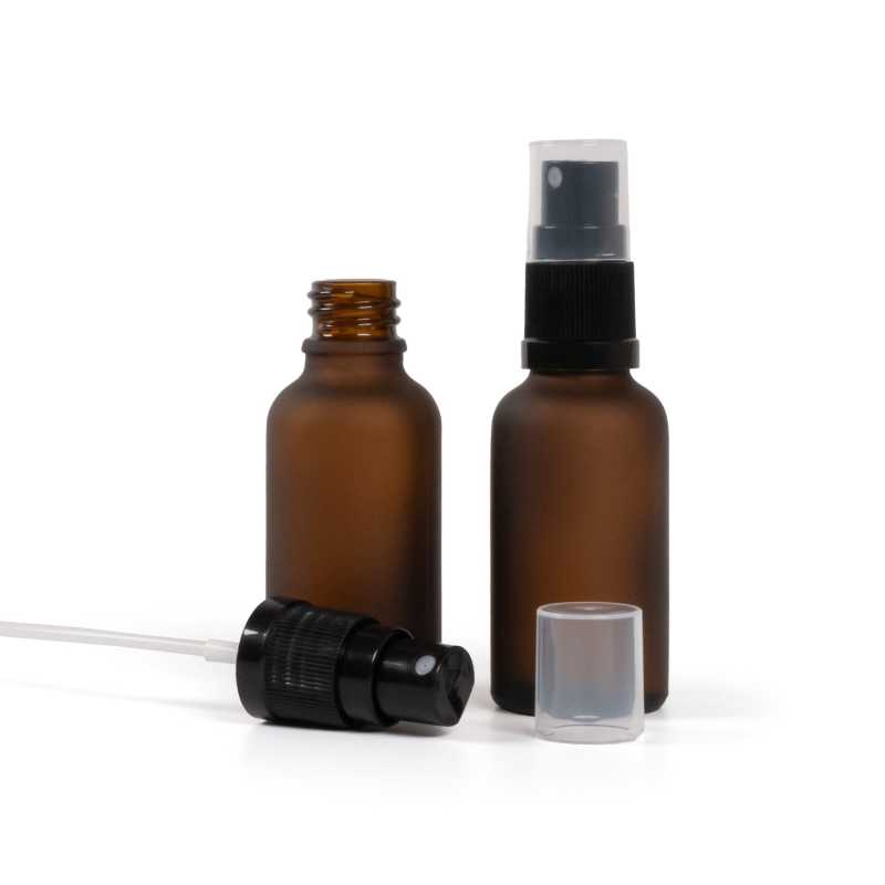Skleněná lahvička, lékovka, matná hnědá, černý rozprašovač, 30 ml
