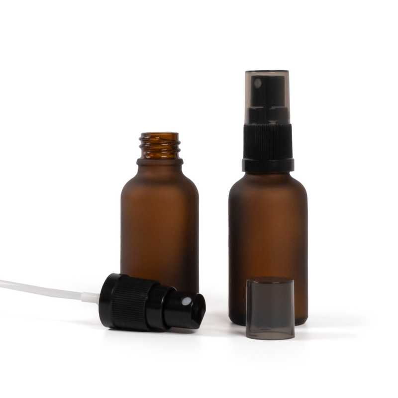 Skleněná lékovka, matná hnědá, černý rozprašovač, dýmový kryt, 30 ml