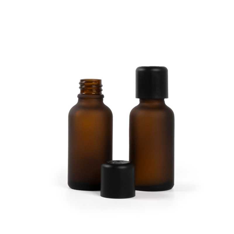 Skleněná lahvička, matná lahvička, černé víčko s bezpečnostní pojistkou, 30 ml