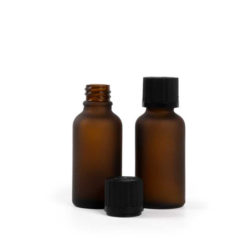 Skleněná lahvička, matná lahvička, černý uzávěr s vroubkováním a pojistkou, 30 ml