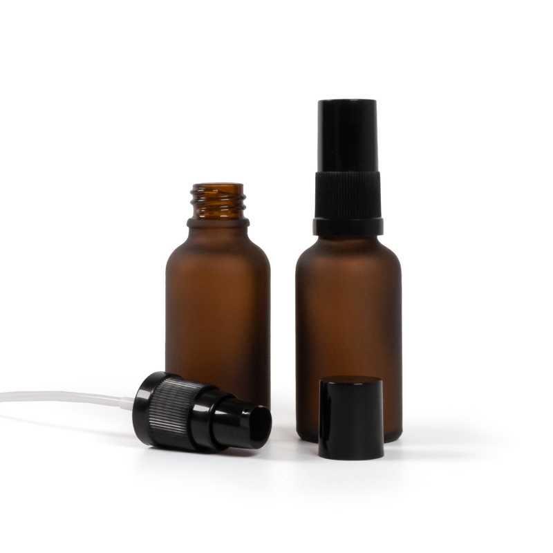 Skleněná lahvička, lékovka, matná hnědá, dávkovač krému s černým víčkem, 30 ml