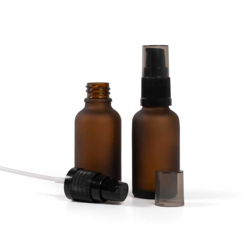 Skleněná lahvička, lékovka, matná hnědá, dávkovač krému, kouřový vrch, 30 ml