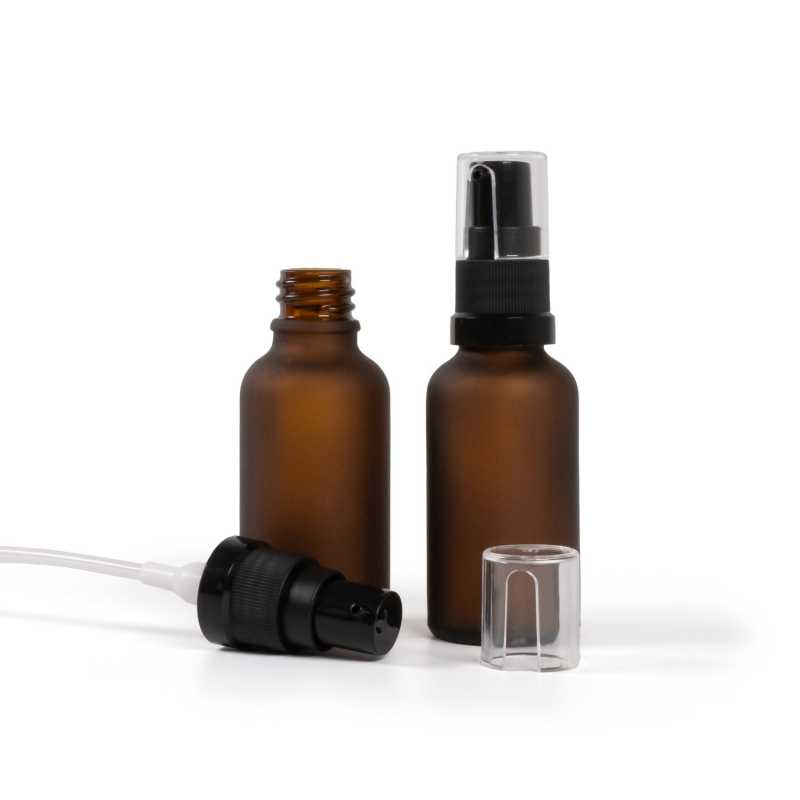 Skleněná lahvička, lékovka, matná hnědá, dávkovač olejů, 30 ml