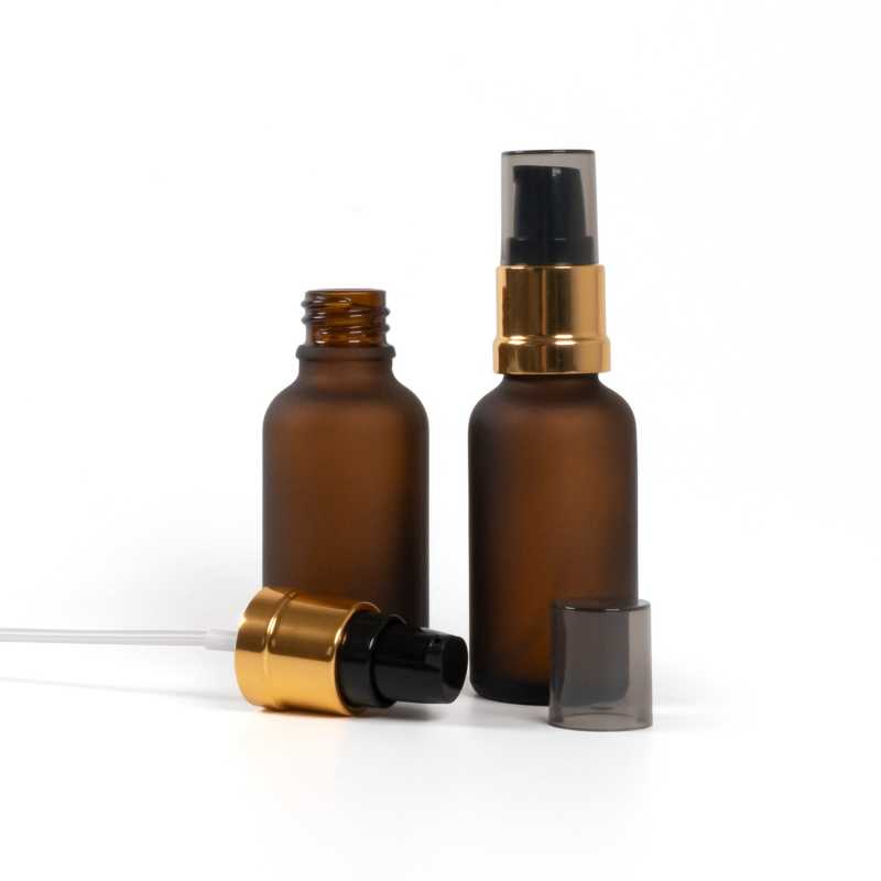 Skleněná lékovka matná, hnědá, černo-zlatý lesklý dávkovač s dýmovým krytem, 30 ml