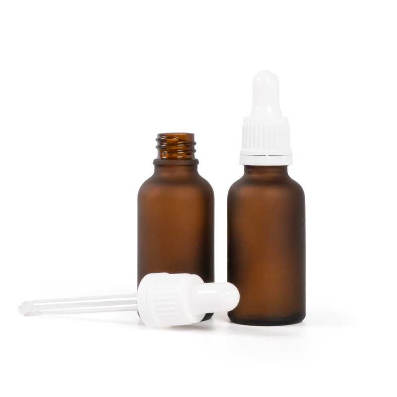 Skleněná lahvička, lékovka, matná hnědá, kapátko bílé, 30 ml