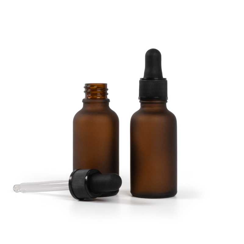 Skleněná lahvička, lékovka, matná hnědá, černé matné kapátko, 30 ml