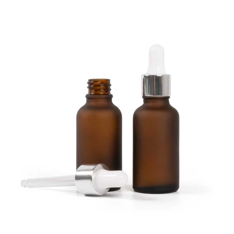 Skleněná lahvička, lékovka, matná hnědá, stříbrné lesklé kapátko, 30 ml