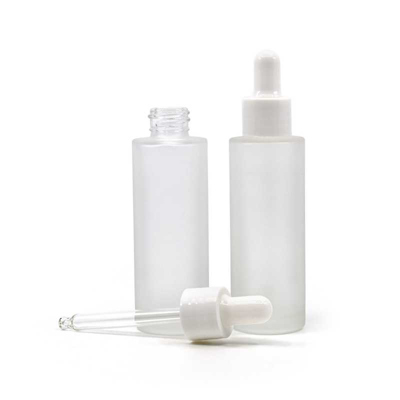 Skleněná lahvička, matná, vysoká, bíle lesklé kapátko 30 ml
