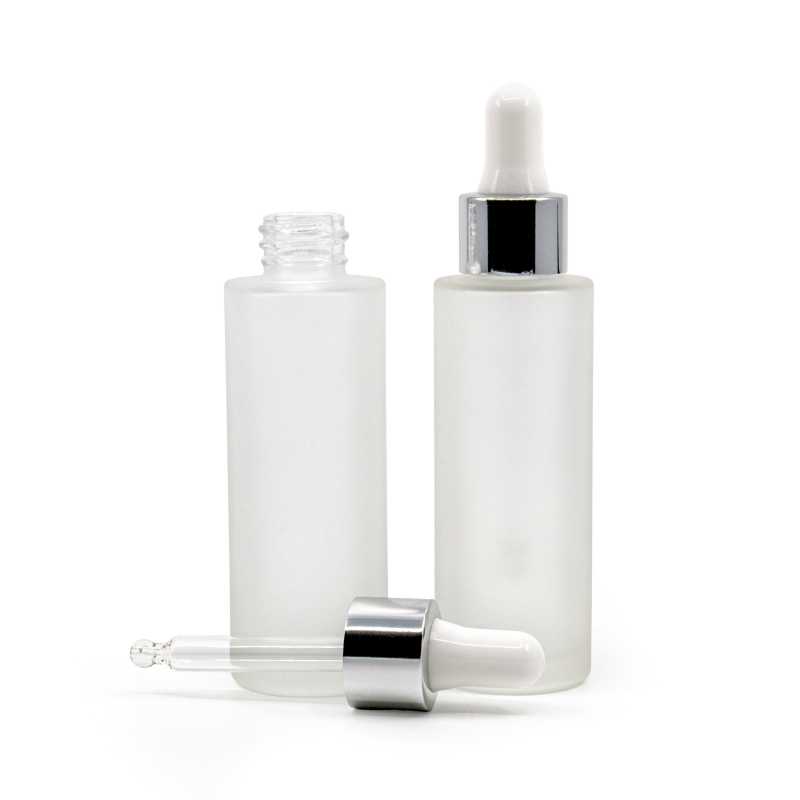 Skleněná lahvička, matná, vysoká, bílo-stříbrné lesklé, 30 ml