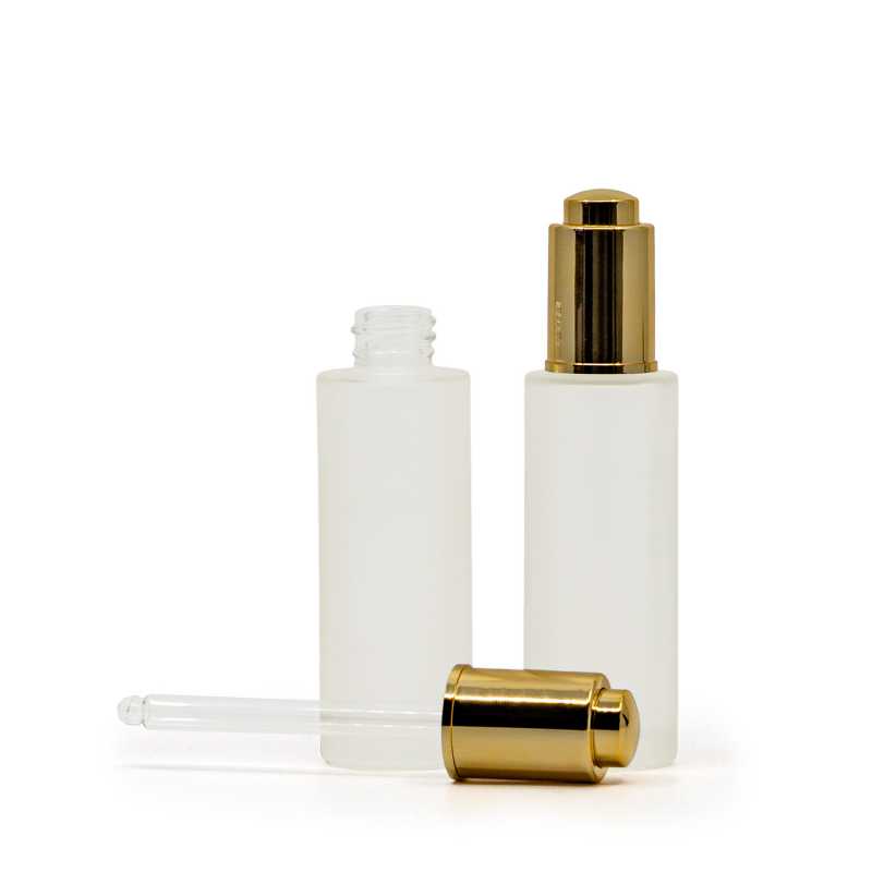 Skleněná lahvička, matná, vysoká, zlaté push kapátko 30 ml