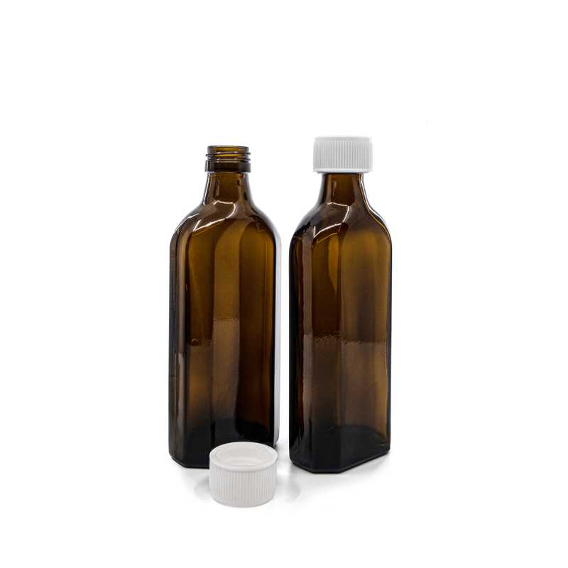 Skleněná láhev hnědá, medicínská, plochá, PP28S, bílé bezpečnostní víčko, 250 ml