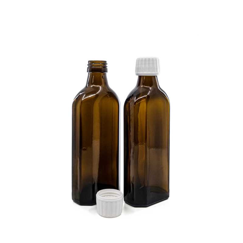 Skleněná láhev na léčiva, hnědá, plochá, PP28S, bílé víčko, 250 ml