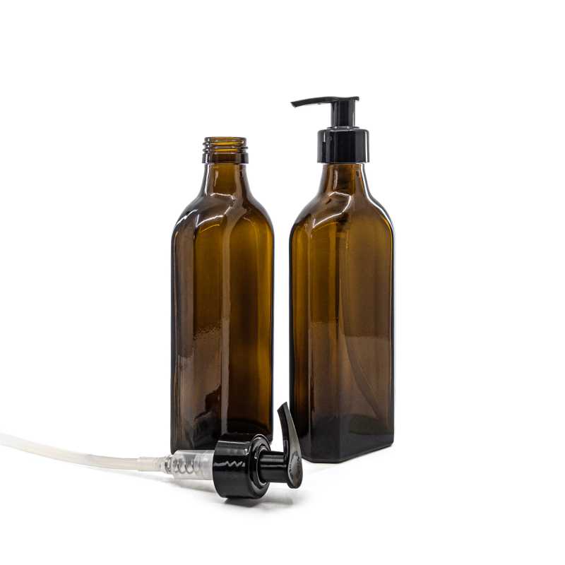 Skleněná láhev na léčiva, plochá, PP28S, černá dávkovací pumpička, hladký límec, 250 ml