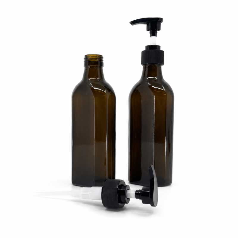 Skleněná láhev, medicínská, plochá, PP28S, černý dávkovač, vroubkovaný límec, 250 ml