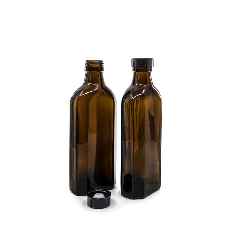 Skleněná léková láhev, hnědá, plochá, PP28S, černý nízký uzávěr, 250 ml